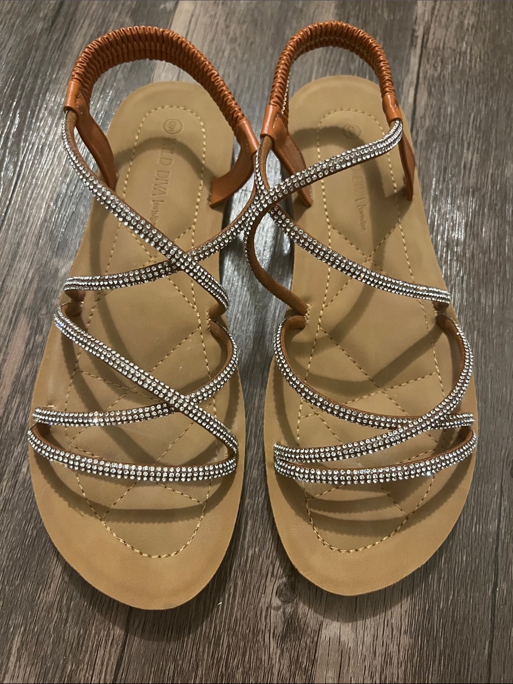 Wild Diva Tan Sandals with Silver Crystal Straps